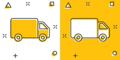 vettore cartone animato camion, auto icona nel comico stile. veloce consegna servizio spedizione cartello illustrazione pittogramma. auto furgone attività commerciale spruzzo effetto concetto.