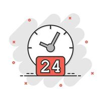orologio 24 7 icona nel comico stile. orologio cartone animato vettore illustrazione su bianca isolato sfondo. Timer spruzzo effetto attività commerciale concetto.
