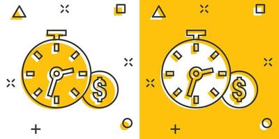 tempo è i soldi icona nel comico stile. orologio con dollaro cartone animato vettore illustrazione su bianca isolato sfondo. moneta spruzzo effetto attività commerciale concetto.