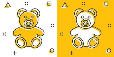vettore cartone animato orsacchiotto orso felpa giocattolo icona nel comico stile. orsacchiotto giocattolo cartello illustrazione pittogramma. orso attività commerciale spruzzo effetto concetto.