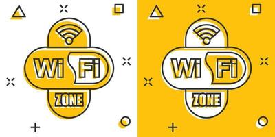 Wi-Fi zona icona nel comico stile. Wi-Fi senza fili tecnologia vettore cartone animato illustrazione pittogramma. Rete Wi-Fi attività commerciale concetto spruzzo effetto.