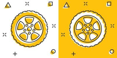 auto ruota icona nel comico stile. veicolo parte cartone animato vettore illustrazione su bianca isolato sfondo. pneumatico spruzzo effetto attività commerciale concetto.