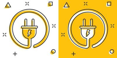 vettore cartone animato elettrico spina icona nel comico stile. energia filo cavo cartello illustrazione pittogramma. filo attività commerciale spruzzo effetto concetto.