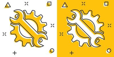 vettore cartone animato servizio attrezzo icona nel comico stile. ruota dentata con chiave inglese cartello illustrazione pittogramma. laboratorio attività commerciale spruzzo effetto concetto.