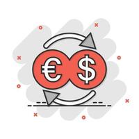 moneta scambio icona nel comico stile. dollaro Euro trasferimento cartone animato vettore illustrazione su bianca isolato sfondo. finanziario processi spruzzo effetto attività commerciale concetto.
