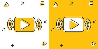 giocare pulsante icona nel comico stile. streaming tv vettore cartone animato illustrazione su bianca isolato sfondo. trasmissione attività commerciale concetto spruzzo effetto.