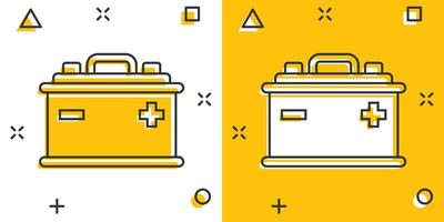 vettore cartone animato auto batteria cartello icona nel comico stile. energia energia cartello illustrazione pittogramma. auto accumulatore attività commerciale spruzzo effetto concetto.