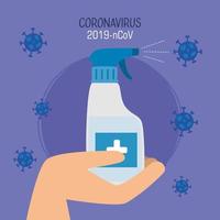 mano con disinfettante spray per bottiglie per il 2019 ncov vettore