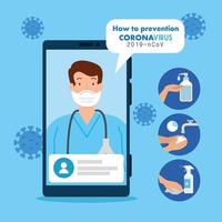 medicina online, medico consulta su smartphone online, pandemia covid 19 vettore