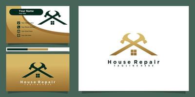 Casa riparazione logo design con martello icona e attività commerciale carta vettore