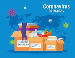 scatole di cartone per donazioni, assistenza sociale, durante il coronavirus 2019 ncov vettore