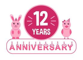 12 ° compleanno. dodici anni anniversario celebrazione bandiera tema con rosa animali per bambini. vettore