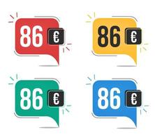 86 Euro prezzo. giallo, rosso, blu e verde moneta tag con discorso Palloncino concetto. vettore
