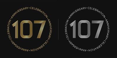 107° compleanno. uno centinaio e Sette anni anniversario celebrazione bandiera nel d'oro e argento colori. circolare logo con originale numeri design nel elegante Linee. vettore