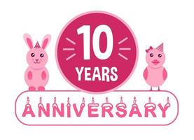 10 ° compleanno. dieci anni anniversario celebrazione bandiera con rosa animali tema per bambini. vettore