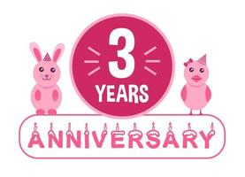 3 ° compleanno. tre anni anniversario celebrazione bandiera con rosa animali tema per bambini. vettore