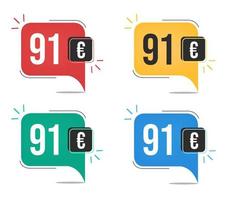 91 Euro prezzo. giallo, rosso, blu e verde moneta tag con discorso Palloncino concetto. vettore