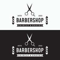 barbiere logo modello nel Vintage ▾ stile con il concetto di forbici, rasoio e altro strumenti.logo per attività commerciale, salone, etichetta e barbiere. vettore