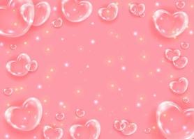 realistico trasparente 3d cuori bicchiere effetto sfondo. lucido sapone bolla cuori su rosa sfondo con brillante punti. san valentino giorno striscione. vettore