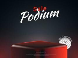 vendita podio con un' rosso neon leggero su nero sfondo, un' fondale per visualizzazione prodotti. vettore illustrazione.