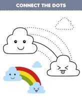 formazione scolastica gioco per bambini Collegare il puntini e colorazione pratica con carino cartone animato nube e arcobaleno stampabile natura foglio di lavoro vettore