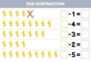 formazione scolastica gioco per bambini divertimento sottrazione di conteggio carino cartone animato tuono ogni riga e eliminando esso stampabile natura foglio di lavoro vettore