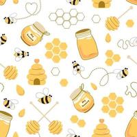 ape miele senza soluzione di continuità modello miele giallo modello apicoltura sfondo miele barattolo, Casa, cucchiaio, volare ape, gocce, Favo carino mano disegnato dolce naturale miele sfondo modelli. giallo illustrazione. vettore