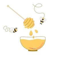 miele ciotola, carino ape, di legno mestolo, miele gocce isolato su bianca sfondo. cartone animato mano disegnato apicoltura, apiario illustrazione. giallo colori. vettore