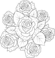 rosa fiore matita arte, nero e bianca schema vettore colorazione pagina e libro per adulti e bambini fiori Rose con le foglie mano disegnato inciso inchiostro illustrazione artistico design.
