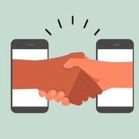 stringe la mano, icona di accordo online con lo smartphone vettore
