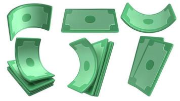 realistico i soldi impostare. collezione di 3d verde dollari . contorto carta fatture e pila di moneta banconote. vettore