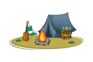 turista campo con tenda e falò. avventura turismo e attivo stile di vita. bandiera per campeggio, ecoturismo, viaggio. vettore illustrazione.