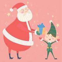 Santa Claus e elfo cartone animato kawaii allegro Natale gretting carta vettore