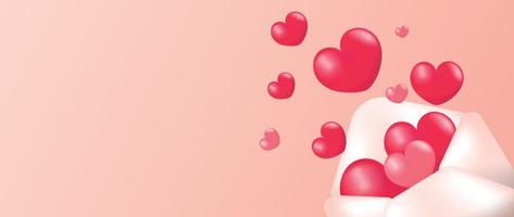 contento San Valentino giorno concetto vettore. astratto 3d composizione decorare con lucido rosso rosa cuori galleggiante a partire dal amore lettera Busta sfondo. design per striscione, carta, sociale media, Annunci, marketing. vettore