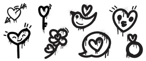 impostato di spray dipingere San Valentino elemento vettore. mano disegnato graffiti struttura stile collezione di comico cuore forma, amore chiave, freccia, fiore, uccello. design per Stampa, cartone animato, carta, decorazione, etichetta. vettore