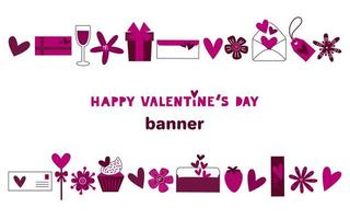 san valentino giorno romantico bandiera con amore elementi. cuori, fiori, i regali, lettere, torta, caramella, dolci, etichetta ghirlanda catena. 14 febbraio vacanza. vettore
