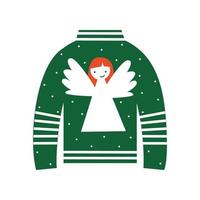 Natale brutto accogliente caldo maglione con angelo e neve. nuovo anno Abiti con inverno vacanza simboli. vettore