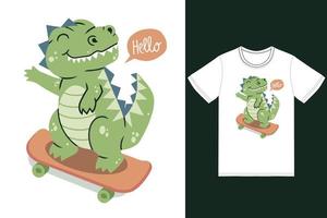 carino dinosauro giocando skateboard illustrazione con maglietta design premio vettore