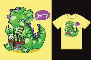 carino dinosauro mangiare ramen illustrazione con maglietta design premio vettore