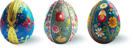 impostato di realistico Pasqua uova con floreale trafori su un' bianca sfondo.il principale simboli di il primavera vacanza. vettore illustrazione.