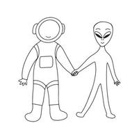 astronauta e alieno. amicizia di civiltà. vettore scarabocchio