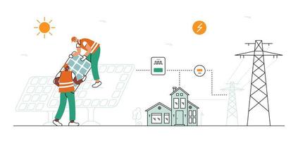 lavoratori impostato un' pannello a un' solare energia pianta. schema di il energia stazione. inteligente e verde energia. vettore