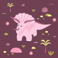 carino rosa dinosauro disegnato nel figli di stile con decorativo elementi. triceratopo per stampa su bambini le cose. di moda vettore disegno stile