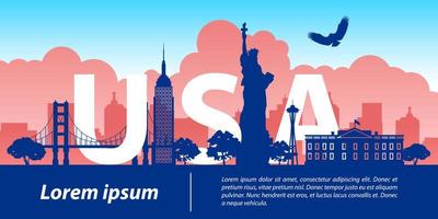 Stati Uniti d'America famoso punto di riferimento silhouette stile, stati uniti d'america testo dentro, viaggiare e turismo vettore