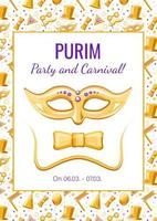 Purim d'oro manifesto con maschera e arco legare, vettore striscione, pubblicità, annuncio di un evento, vacanza invito con d'oro senza soluzione di continuità modello.