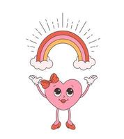 di moda retrò cartone animato cuore personaggio con arcobaleno. Groovy stile, Vintage ▾, 70s 60s estetica. san valentino giorno vettore