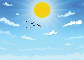 vettore giorno paesaggio cartone animato cielo nuvole, corvo, sole e sole raggi sfondo design.