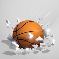 sport arancia palla per pallacanestro incidentato in il terra a alto velocità e pause in frammenti, crepe dopo Perfetto colpo. infliggere pesante danno. vettore