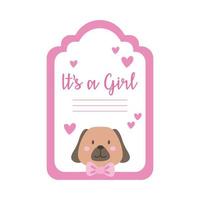 carta di baby shower con cagnolino ed è una scritta di ragazza, stile di tiraggio della mano vettore