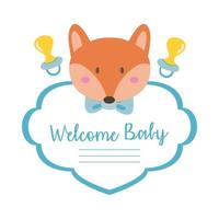 carta di baby shower con piccola volpe e scritte di benvenuto per bambini, stile di tiraggio a mano vettore